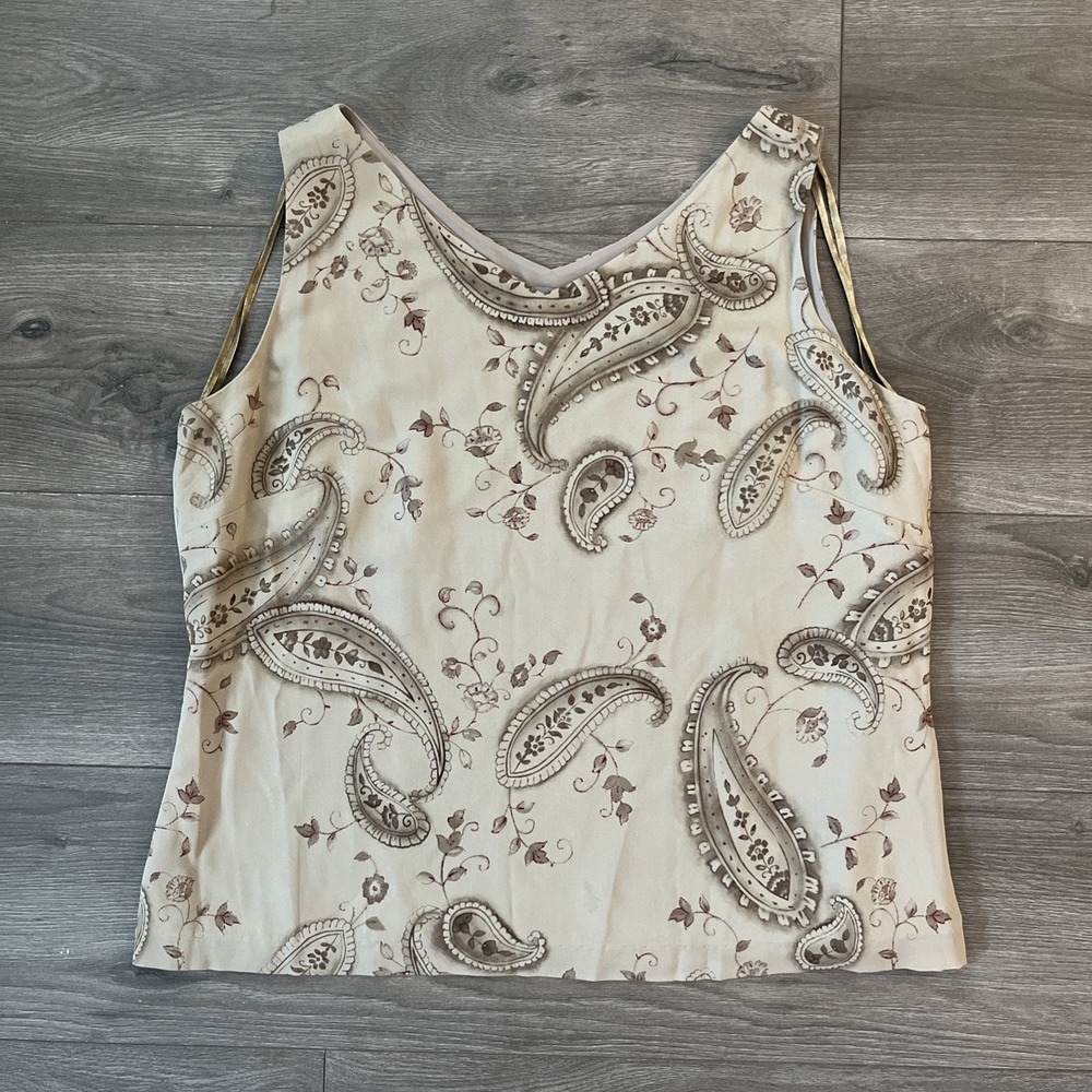 Kate Hill 100% Silk Blouse Sz 16 Beige Paisley